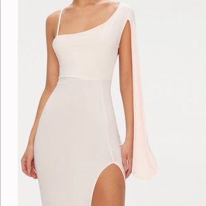 Nude Slinky One Shoulder Drape Sleeve Midi Dress